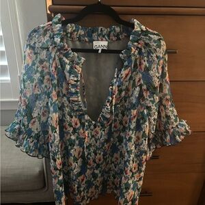 Ganni Blue and Brown Flutter Sleeve Blouse